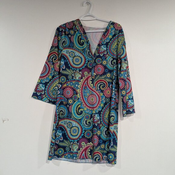 BNWT Made with Heart Paisley Deep V Dress/Tunic Blue Pink Size Medium - Picture 1 of 2